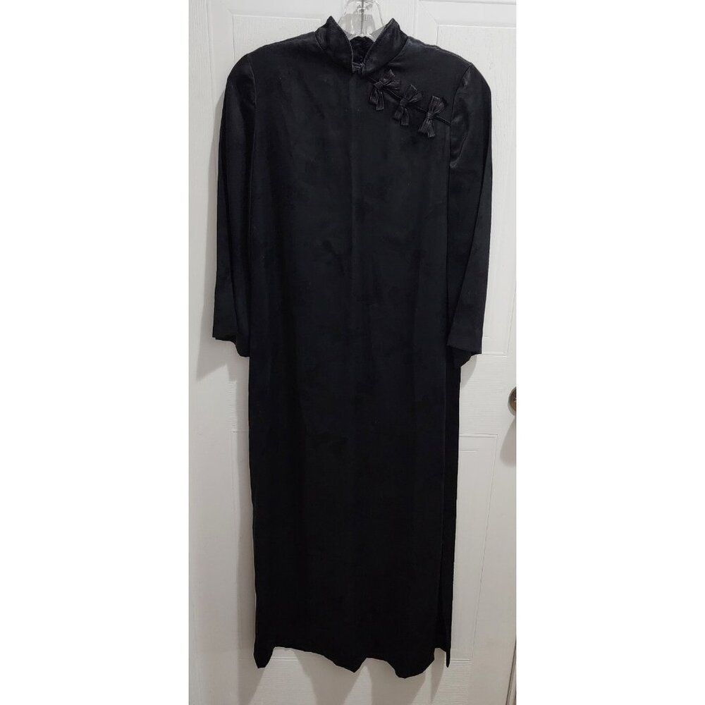 Vtg 70s Leslie J L/S Cheongsam Dress Asian Inspired Hummingbird Print‎ Black 7/8
